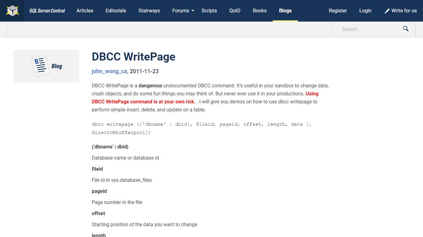 DBCC WritePage – SQLServerCentral
