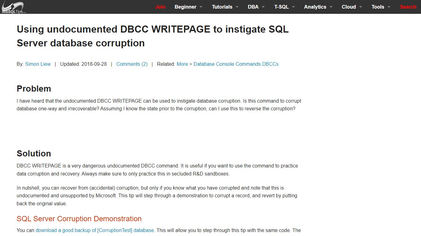 Create SQL Server database corruption using DBCC WRITEPAGE